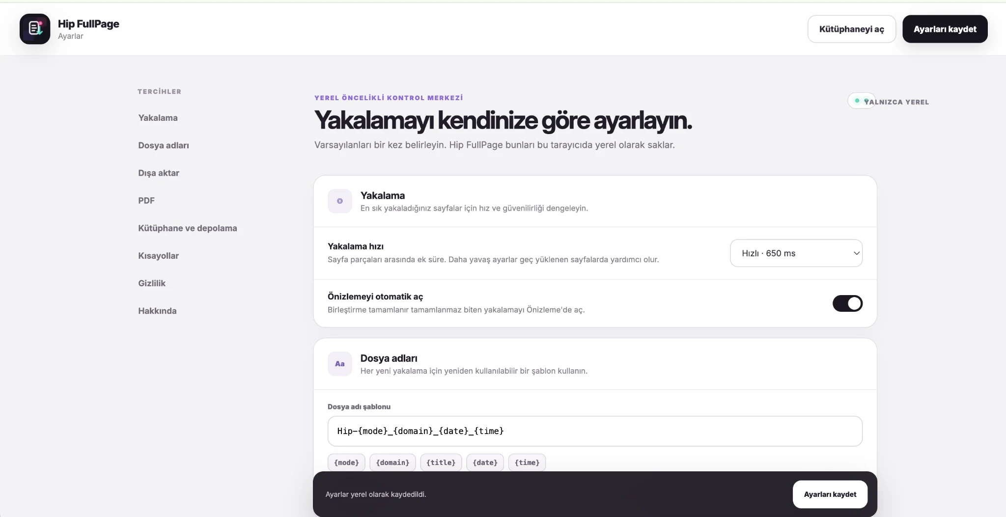 Hip FullPage settings screen
