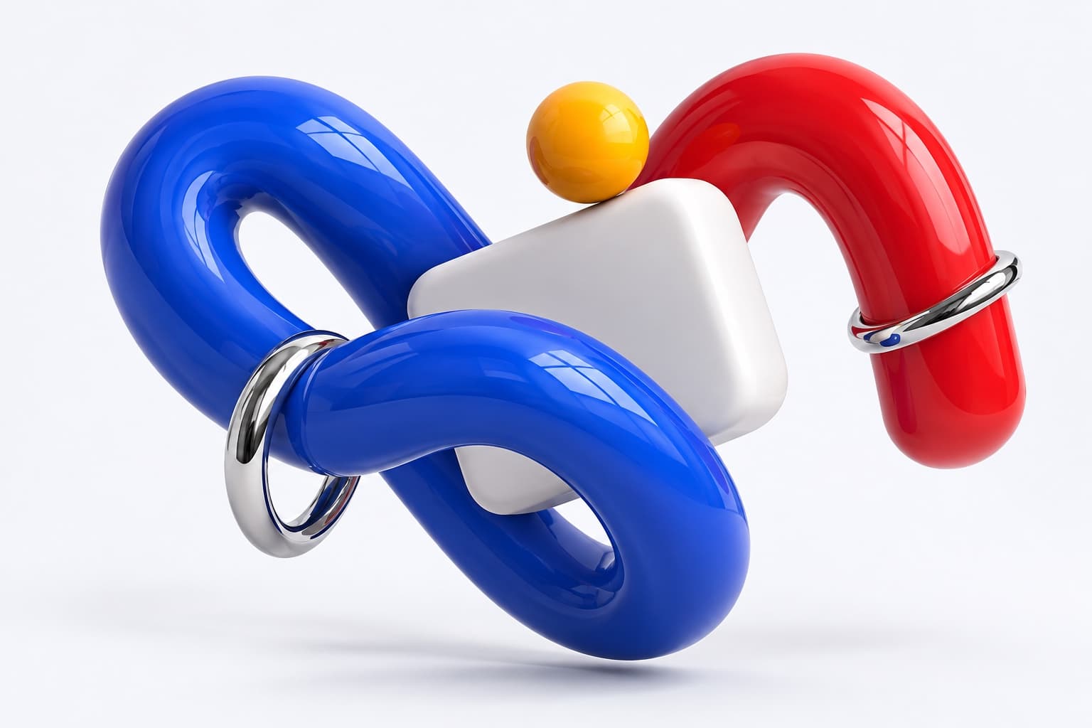 A bright studio composition with cobalt blue, red and yellow sculptural forms